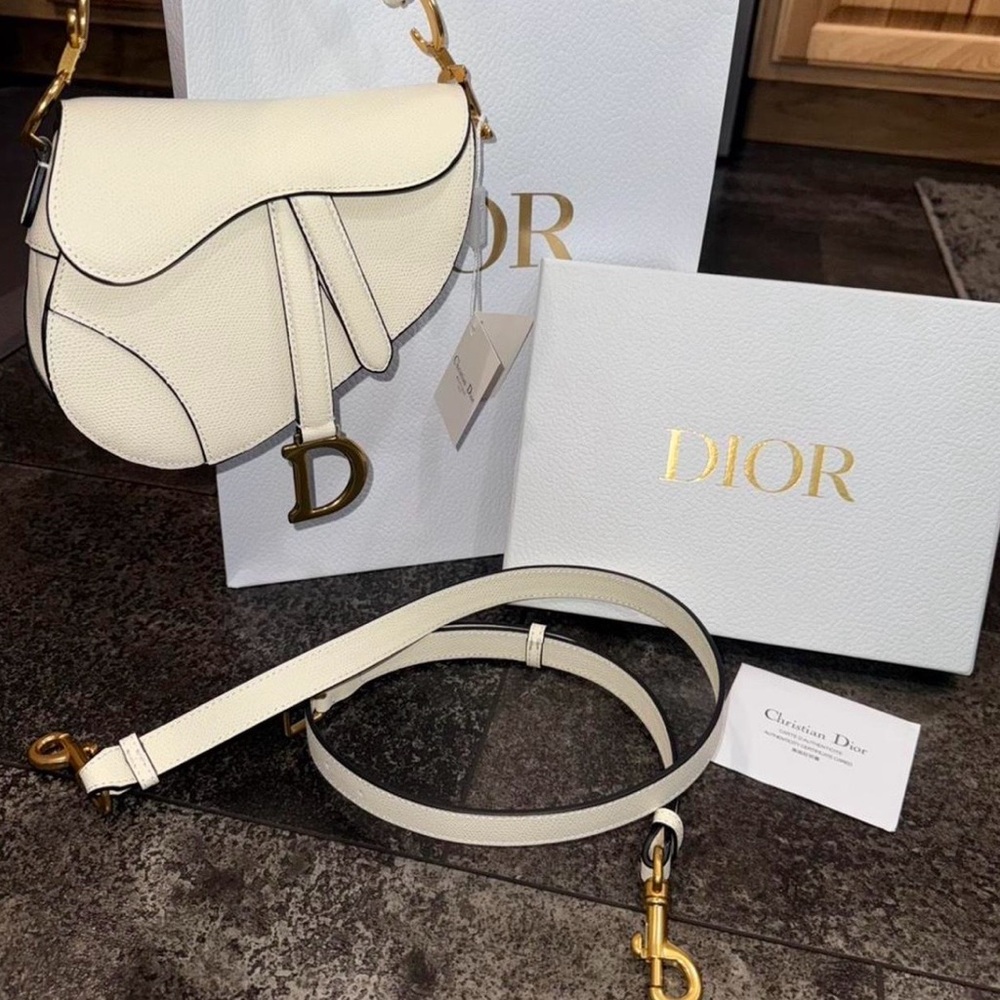 NWT Dior White/Cream Calfskin Leather Mini Saddle Bag + Full Inclusion